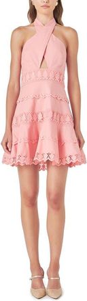 endless rose Halter Lace Trim Cotton & Linen Minidress in Cream Puff at Nordstrom, Size X-Small