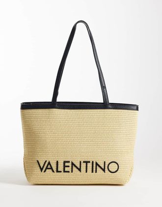 Valentino Maiam 2 in 1- Borsa shopping con pochette in rafia colore neutro e nero