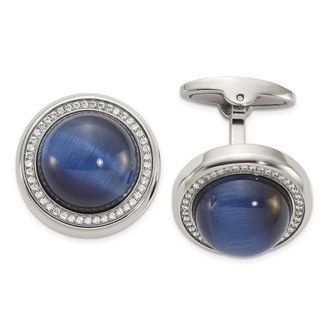 Diamond2Deal Stainless Steel Polished Cubic Zirconia and Black Blue Onyx Circle Cufflinks