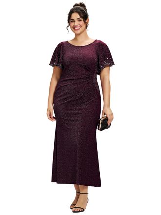 Ever-pretty Plus Size Glitter Evening Dress Round Neck Short Sleeves Maxi Length Dark Purple 22