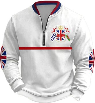 Generic Mens Union Jack Sweatshirt 1/4 Zip Long Sleeve Jumpers Bunting Flags Print Great Britain Pullover Winter Warm Tops Plus Size (A1-White, XL)