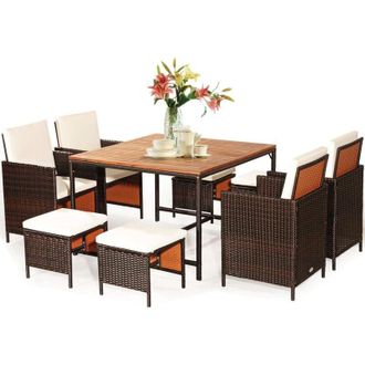 Costway 9 Pezzi Set di Mobili da Giardino in Rattan, con Cuscini Rimovibili, Set Mobili con Poltrone di Vimini e Ottomane, Ideale per Giardino Cortile e