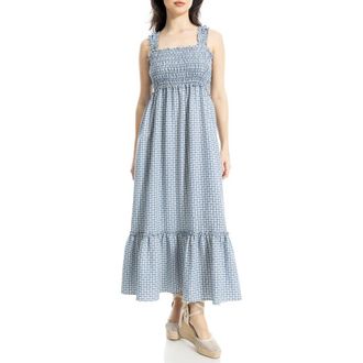Max Studio Wide Strap Smocked Maxi Dress in Blue/Cream Check at Nordstrom Rack, Size X-Large