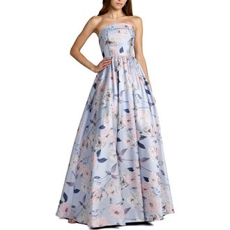 Mac Duggal Floral Brocade Strapless A Line Ballgown in Blue Multi at Nordstrom, Size 10