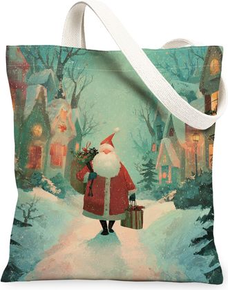 Generic Christmas Santa Canvas Tote Bags, Holiday Design Reusable Grocery Bags, Winter Lightweight Washable Shoulder Strap Canvas F, Green, 13x15 Inch