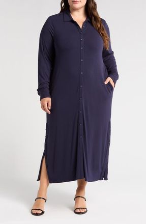 Universal Standard Sally Long Sleeve Liquid Jersey Shirtdress in Midnight at Nordstrom, Size 3Xl
