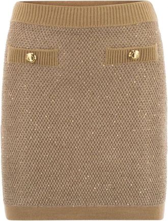 Elisabetta Franchi Geborduurde gebreide minirok met zakken met knopen - Dames - Korte rokken - Beige - L - Wol - Rokken