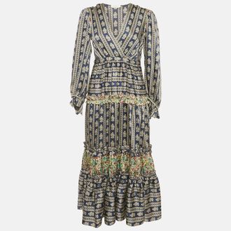 Sandro Blue Floral Print Satin Valentina V Neck Midi Dress