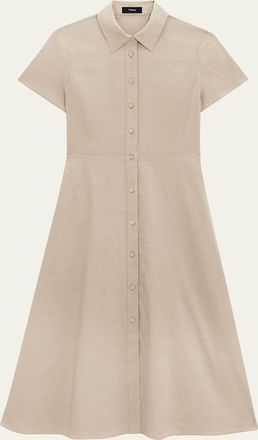 Theory Good Linen Short-Sleeve Button-Front Midi Shirt Dress