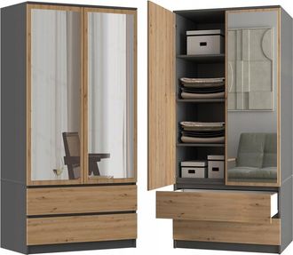 OEM Armario Con Espejos, Antracita/roble Artesanal, Sistema Tip-on, 90 Cm De Ancho, 2 Cajones, 4 Estantes, Espacio Para Ropa