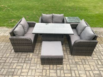 Fimous Rattan Garden Outdoor Furniture 3 PC Love Sofa Set Patio Adjustable Rising lifting Dining Table With Side Table Big Footstool in Dark Grey