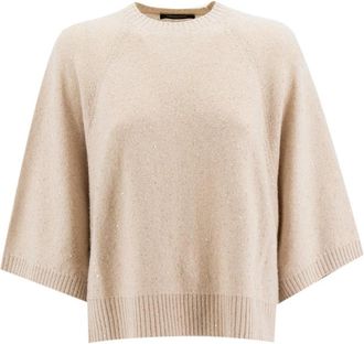 Fabiana Filippi Wollen cape met zijde en pailletten - Dames - Ronde hals truien - Beige - XS - Wol - Truien & Vesten