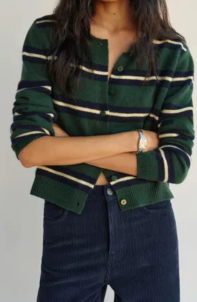 Reformation Clara Cashmere Crew Cardigan in Dark Pine Multi Stripe at Nordstrom, Size X-Small