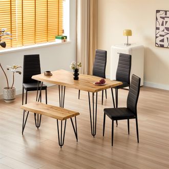 Kosy Koala Dining Table set with 4 Black Metal Chairs & Bench Kitchen Dining Room Furniture in Brown