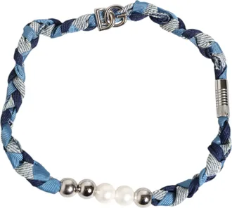 Dolce & Gabbana Blue White Braided Silver Metal Logo Beaded Men Mens Bracelet (Pre-Owned)