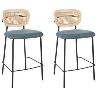 Beliani Conjunto De 2 Sillas De Bar Modernas Trenza Vienesa Respaldo De Rat&aacute;n Taburetes Asiento De Poli&eacute;ster Patas Negras Sin Reposabrazos Azul Mayetta