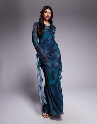 Daska Vestito lungo in chiffon con volant e stampa scura a fiori-Multicolore