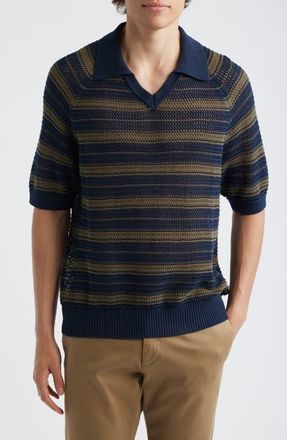 Nn.07 Cale 60056 Stripe Johnny Collar Openwork Linen & Cotton Polo Sweater in Capers Stripe at Nordstrom, Size Xx-Large