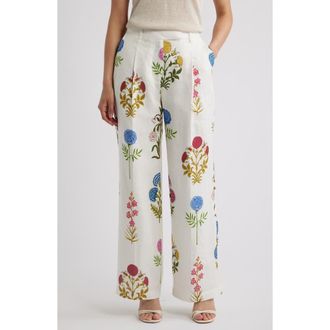 Elie Tahari The Amelia Floral Print Linen Pants in Multi Floral at Nordstrom, Size 14
