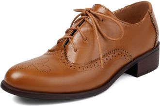 Generic Womens Lace Up Oxford Shoes Round Toe Wingtip Brogue Perforated Low Chunky Heel Cushioned Insole Durable Comfortable Vintage Shoes,Yellow,4.5 UK