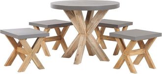 Beliani Conjunto De Comedor Para Jard&iacute;n De Cemento Reforzado Gris Con Patas De Madera De Acacia Para 4 Personas Mesa Redonda Con 4 Taburetes Olbia