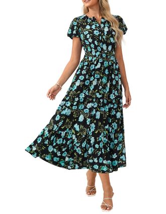 Grace Karin Women Elegant Maxi Summer Dress Short Sleeve V Neck Floral Dress A Linie Wedding Dresses Black Blue S