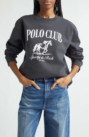 Sporty & Rich Stallion Crewneck Cotton Graphic Sweatshirt in Faded Black at Nordstrom, Size X-Small