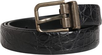 Dolce & Gabbana Men Black Exotic Leather Metal Buckle Belt Caiman