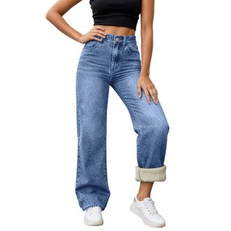 Generic Women Fleece Lined Jeans Large Denim Wide Leg Pants Womens High Waisted Straight Leg Jeans Winter Fleece Lined Jean Pants Loose fit High Elasticity Ca