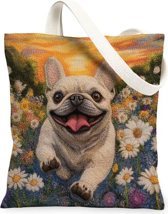 Generic Spring Husky Dog Canvas Tote Bag for Shopping 13x15, Knitting Style Garden Puppy Reusable Grocery Print Bag for Women, Fun Pet Beach Aesthetic Paintin