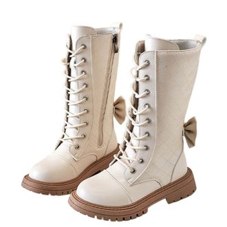Generic Girls Lace-Up Mid Calf Combat Boots with Side-On Zipper Round Toe Water Proof Comfortable Warm Shoes Chunky Heel Non-Slip Casual Punk Goth Riding Walk