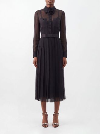 Dolce & Gabbana Midi Silk Shirt Dress with Ruffle Collar and Waist Belt