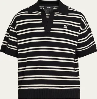 Amiri Mens Rib-Knit Stripe Johnny Collar Polo Shirt