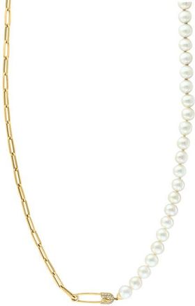 Effy 14K Yellow Gold Diamond Fresh Water Pearl Paperclip Link Necklace in 14K Gold at Nordstrom, Size 18
