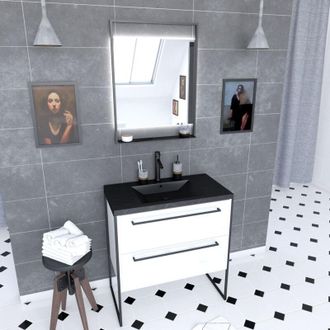 Aurlane Aurlane - Pack Mueble Ba&ntilde;o 80x50 Cm Blanco - 2 Cajones - Lavabo Negro Piedra - Espejo