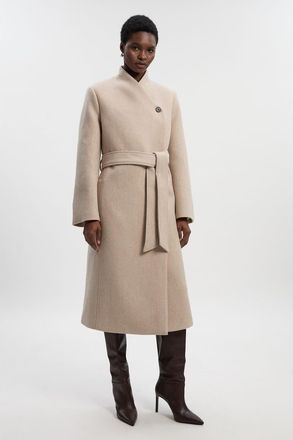 Karen Millen Wool Wrap Neck Tailored Belted Midi Coat in Oatmeal at Nordstrom, Size 10