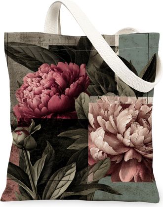 Generic Vintage Floral Canvas Tote Bag, Elegant Peony Design Reusable Grocery Bags, Lightweight Washable Shoulder Strap Canvas Bags, Peach, 13x15 Inch