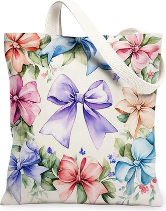 Generic Floral Canvas Tote Bags, Vintage Bow Pattern Reusable Grocery Bags, Lightweight Washable Shoulder Strap Canvas for Travel Outdoor Beach Picnic 13x15 I
