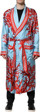 Dolce & Gabbana Blue Red Coral Print Wrap Robe Coat Mens Jacket
