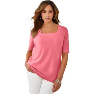 Jessica London Stretch Cotton Square Neck Tee in Tea Rose at Nordstrom, Size 24