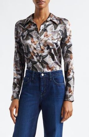 L'agence Tyler Butterfly Print Silk Button-Up Shirt in Multi Dark Butterfly at Nordstrom Rack, Size Small