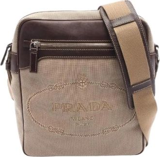 Prada Pre-owned Logo Jacquard Canvas Leren Schoudertas - Dames - Vintage Schoudertas - Beige - ONE Size - Leer - Vintage