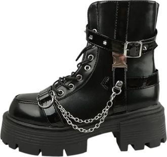 Generic Punk Womens Boots Gothic Ladies Shoes Rivet Chain Design Short Boots Fashion Lady Rock Metal Decor Punk Women Shoes(6.5US)