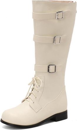 Generic Womens Retro Knee High Boots With Multi Buckles Lace Up Faux Leather Like Comfortable Slip Resistant Durable For Casual Daily Streetwear Fall Winter,W