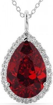 Allurez Halo Ruby & Diamond Pear Shaped Pendant Necklace 14k White Gold (8.34ct)