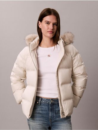 Calvin Klein Womens Matte Belted Short Puffer Jacket - White - XL
