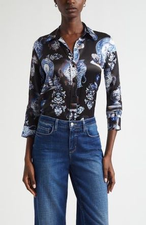 L'agence Dani Pottery Print Silk Button-Up Shirt in Black/Blue Porcelain Print at Nordstrom Rack, Size X-Small