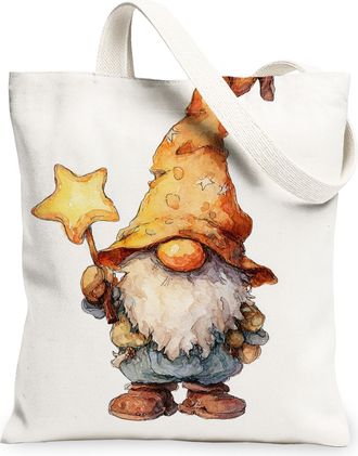 Generic Fanciful Gnome Canvas Tote Bags, Vintage Star Pattern Reusable Grocery Bags, Lightweight Washable Shoulder Strap Canvas for, White, 13x15 Inch