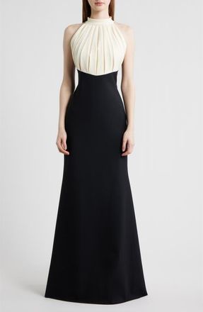 La Petite Robe Di Chiara Boni Warda Pleated Trumpet Gown in Black/Cream at Nordstrom, Size 12 Us