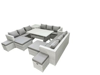 Fimous Rattan Garden Furniture Dining Set 13 Seater Lounge Sofa Dining Table Set with 4 Footstools Side Table Light Grey Mixed